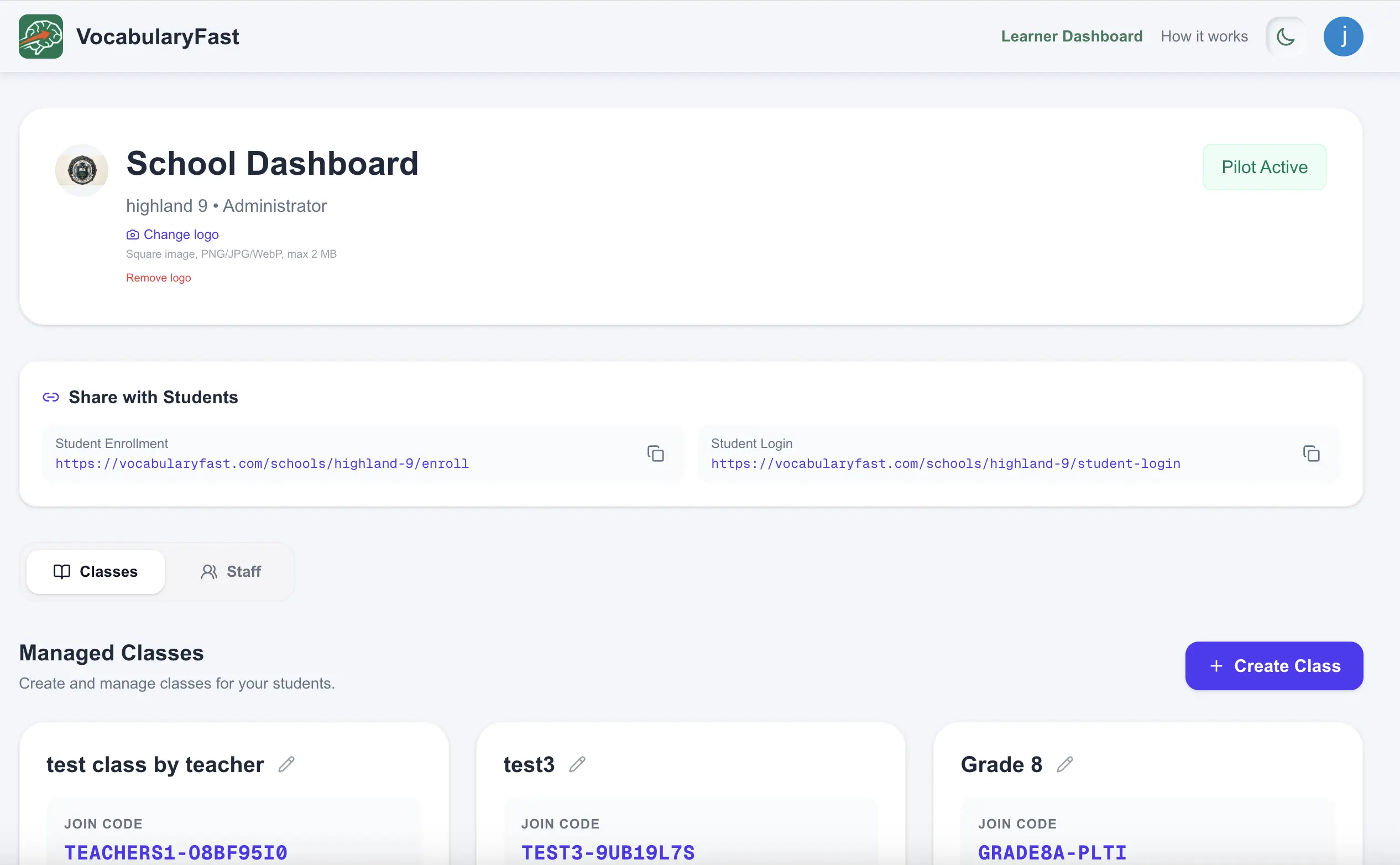 VocabularyFast school admin dashboard showing class management, join codes, and student enrollment links