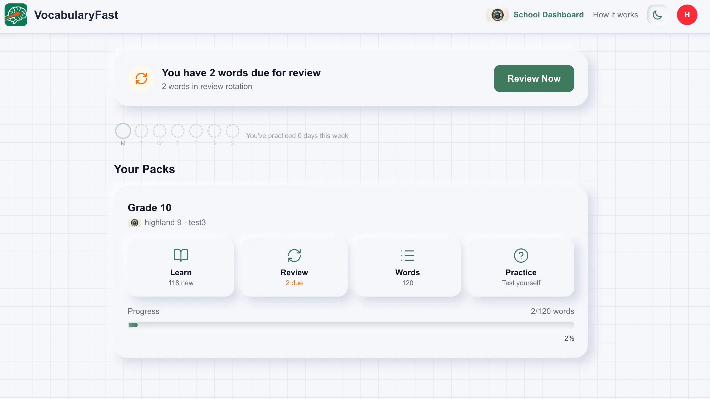 Student vocabulary dashboard with learn, review, and practice modes