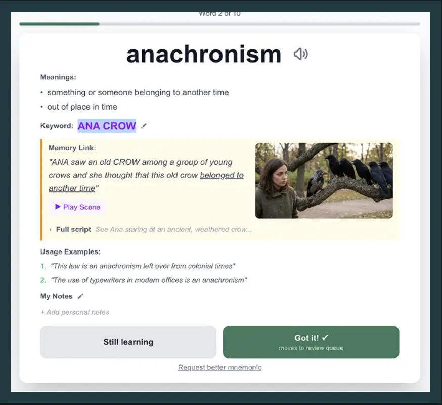 VocabularyFast learn mode showing keyword, memory link, and AI image for a vocabulary word