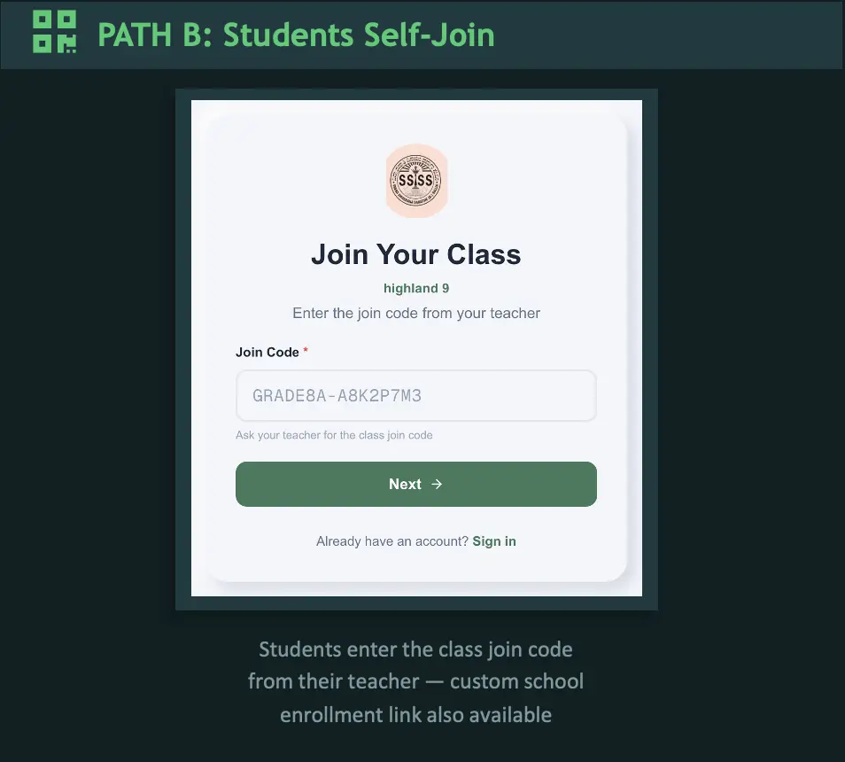 Student joining a class using a join code on the enrollment page