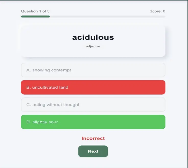 Multiple choice vocabulary quiz with instant feedback on answers