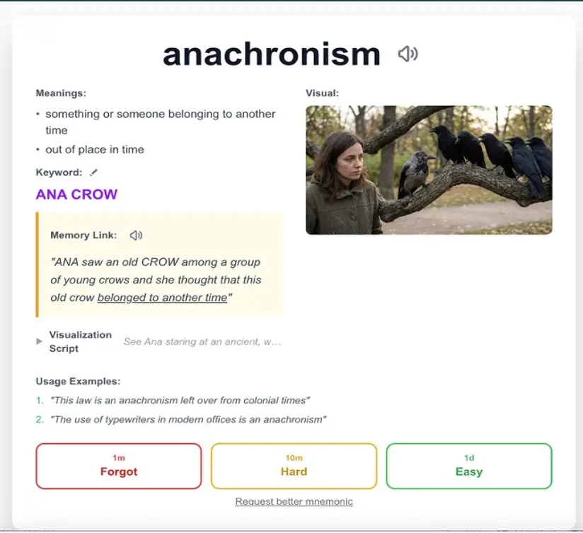 VocabularyFast review mode with spaced repetition buttons for forgot, hard, and easy
