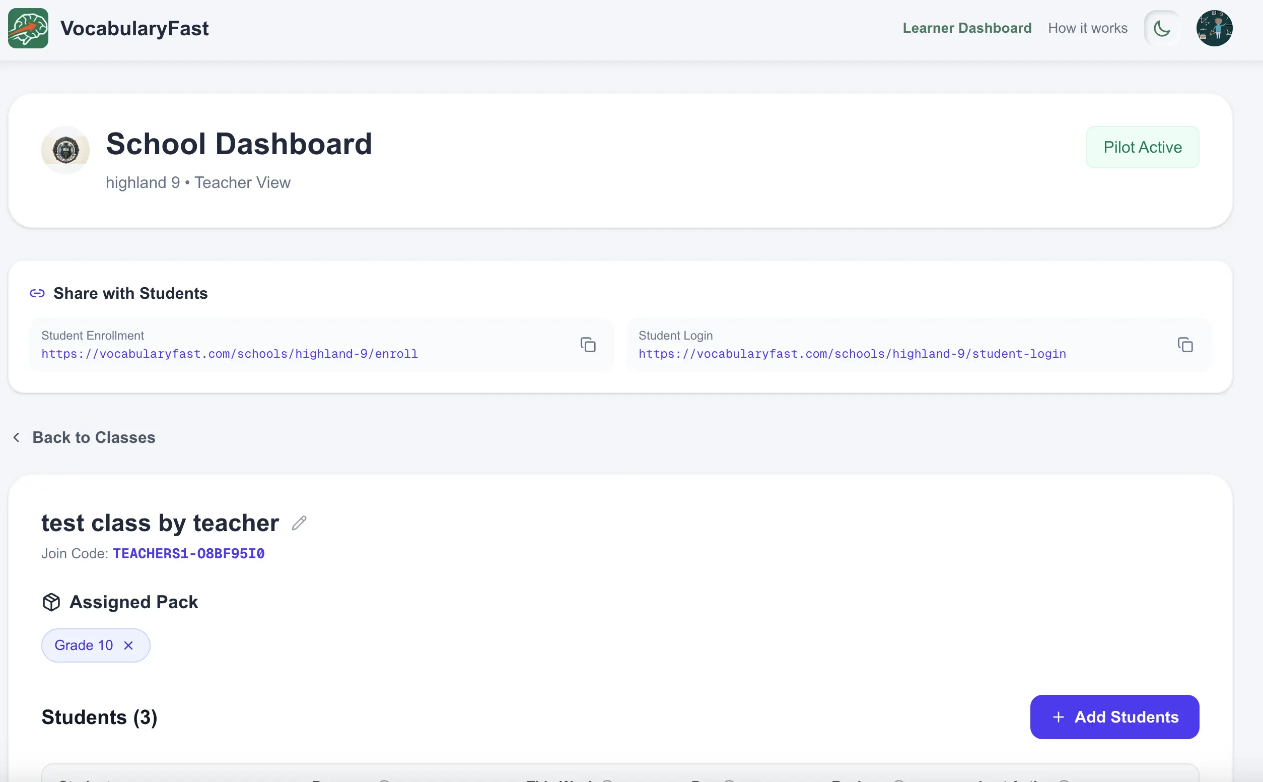 Teacher dashboard showing class management and student progress tracking