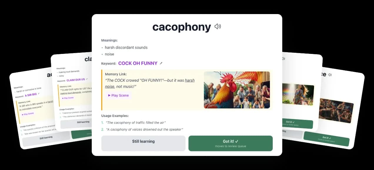 Five VocabularyFast word cards fanned out โ acerbic, clamorous, cacophony, effusive and recrudesce โ each pairing the word with its keyword, memory link and picture.